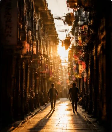 Golden sunlight falls across a narrow cobbled street